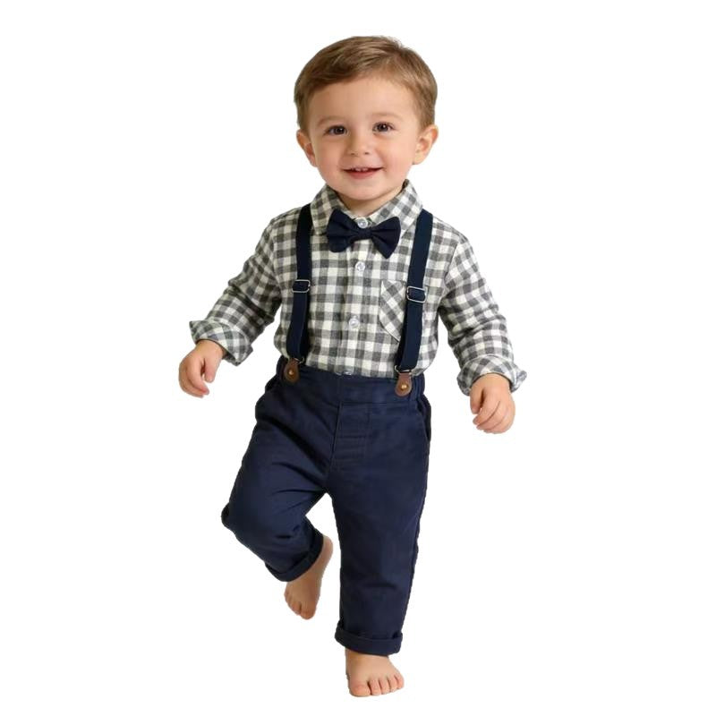 Boys' spring outfit set: new spring collection - plaid shirt, perfect for first birthday parties and gentleman's events