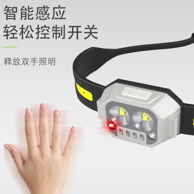 Cross-border new silicone waving sensor headlight USB charging outdoor cycling fishing headlight three light source LED headlight