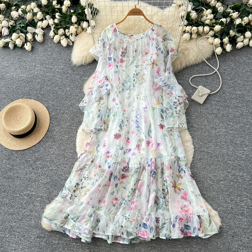 French chic white floral long sleeve dress - women's summer ruffle trim high waist, elegant, age-defying, vacation style