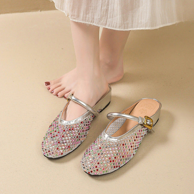 Simple summer 2025 new arrival plaid mesh cut out breathable toe shoes women's rhinestone home outwear one-word buckle cool