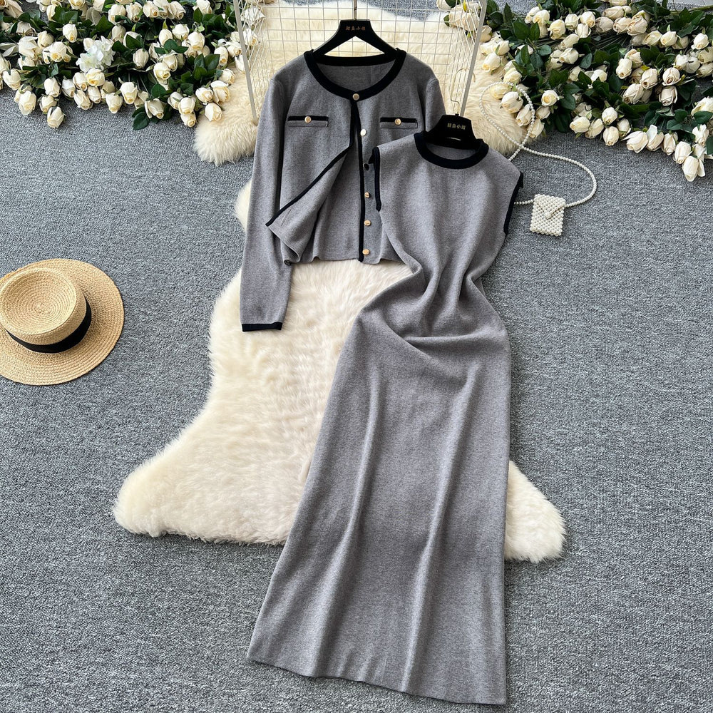 Xiaoxiangfengtwo-piece set women's fall and winterclassyeasiest for match round neck knittingcardiganoutwear + sleeveless vest dress