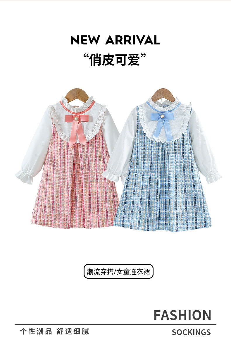 girldress sky blue pink grids pattern small fragrant lace shirt skirt french style children's skirt