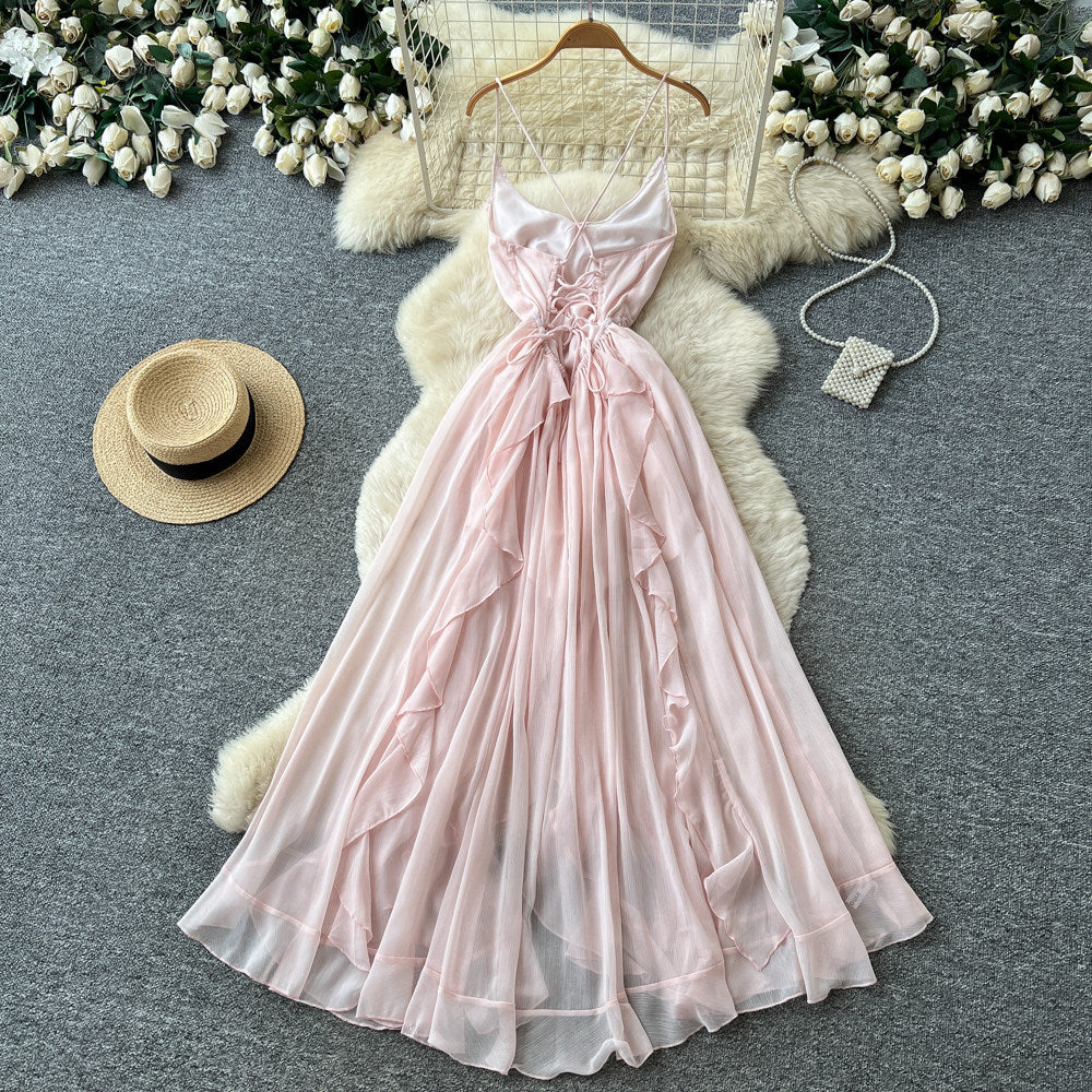 French suspender pure lust style sweet style dress women's summerruffles waist cross backless holiday style long skirt