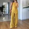 european and american cross-border  summer new arrival: solid color irregular sleeveless top and wide-leg pants two-piece set