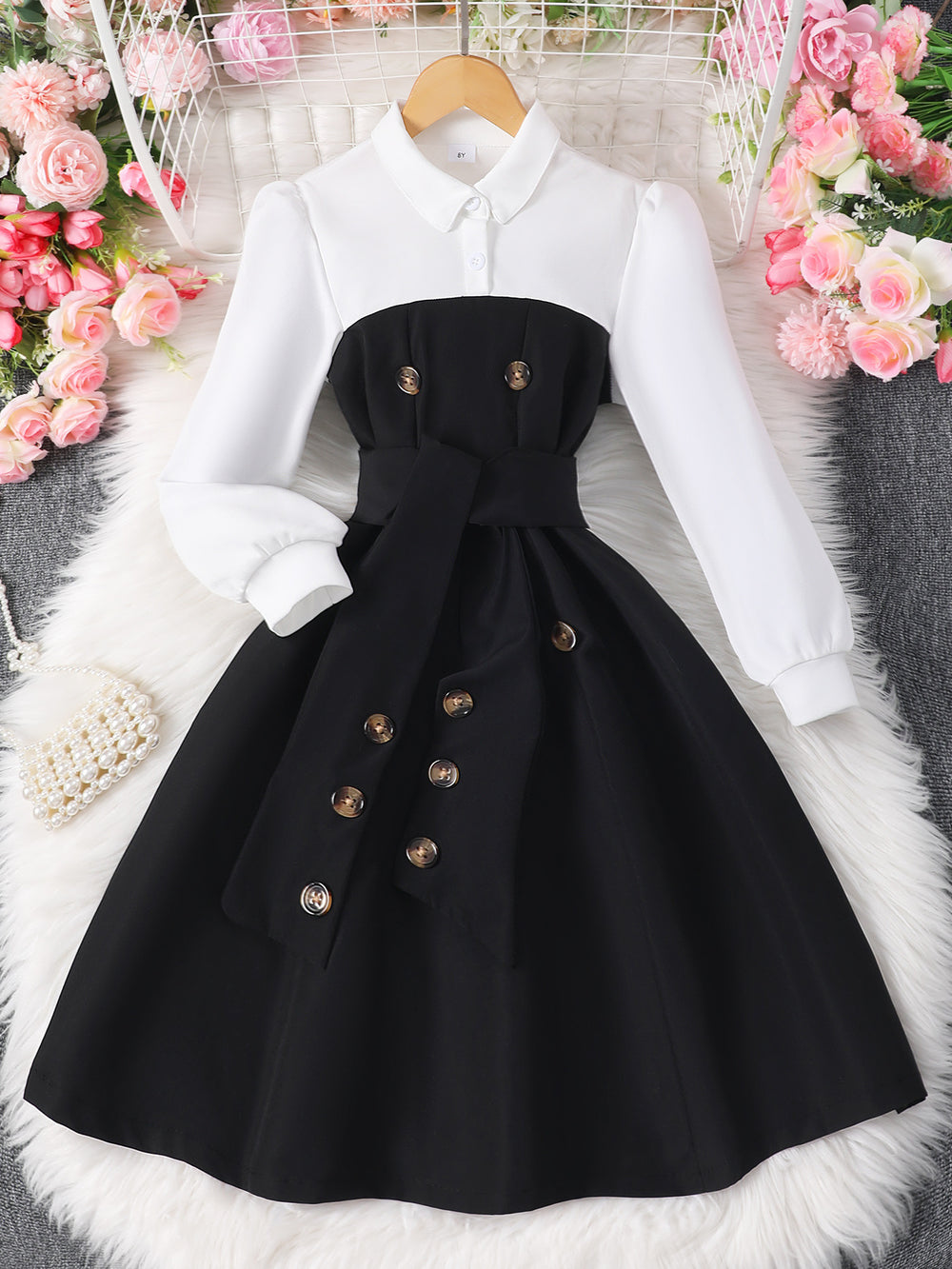 Children's long-sleeve collared button-up color block dress