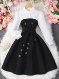 Children's long-sleeve collared button-up color block dress