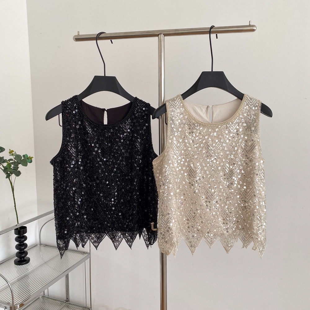 Korean style commute chic: heavily beaded sequin vest - women's v-neck single-breasted light luxury design vest, elegant top