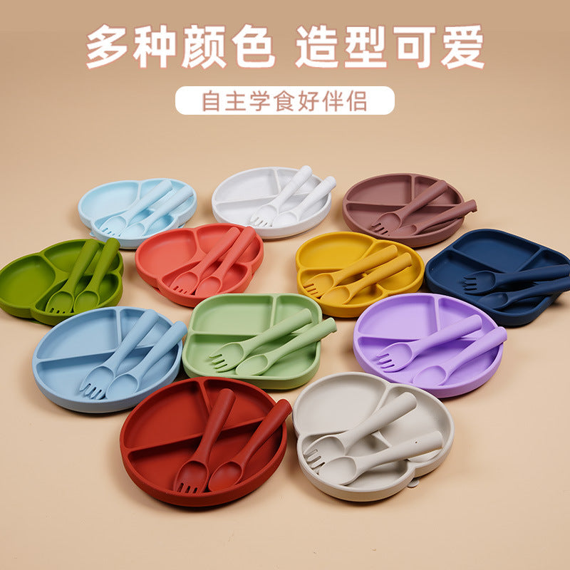 Cross-border hot product silicone children's plate set baby food supplement silicone fork and spoon suction cup tableware anti-drop tableware set