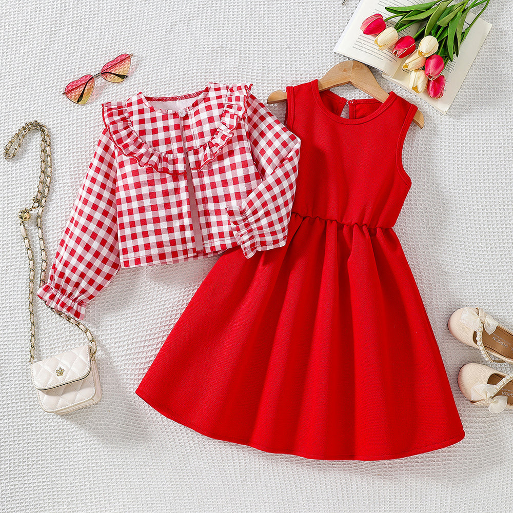 girl suit skirt red vest long skirt plaid doll collar long sleeves outer wear kidstwo-piece set children's skirt