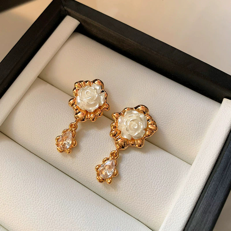 18k gold plated french rose flower earrings - women's zircon tassel dangle earrings - unique european and american style accessories