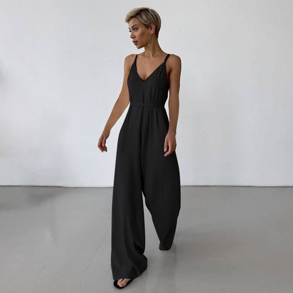 women's casual jumpsuit solid color minimalist style waist loose suspender straight mopping trousers summer
