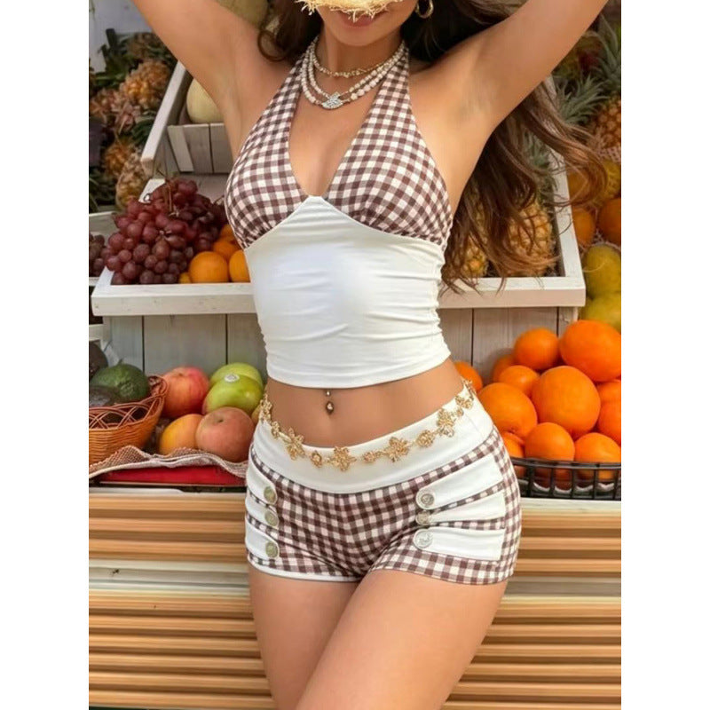 Amazon women's  summer new slim-fit halter neck backless vacation style top & sexy casual shorts set