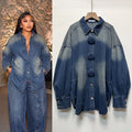 European autumn/winter lapel button-down retro gradient washed oversized long sleeve denim shirt for women