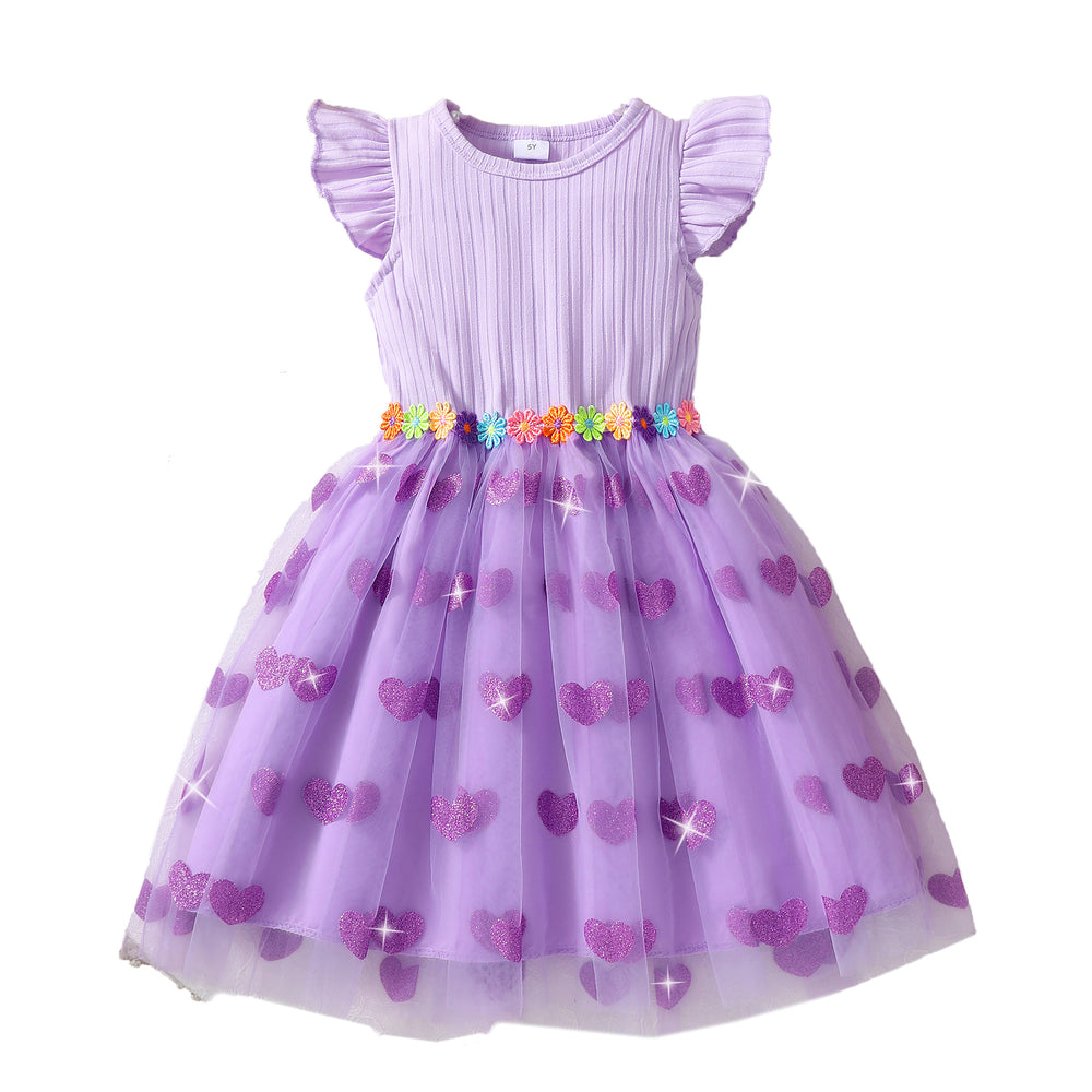Girls' dress for toddlers and young children, flutter sleeve ribbed knit patchwork mesh dress