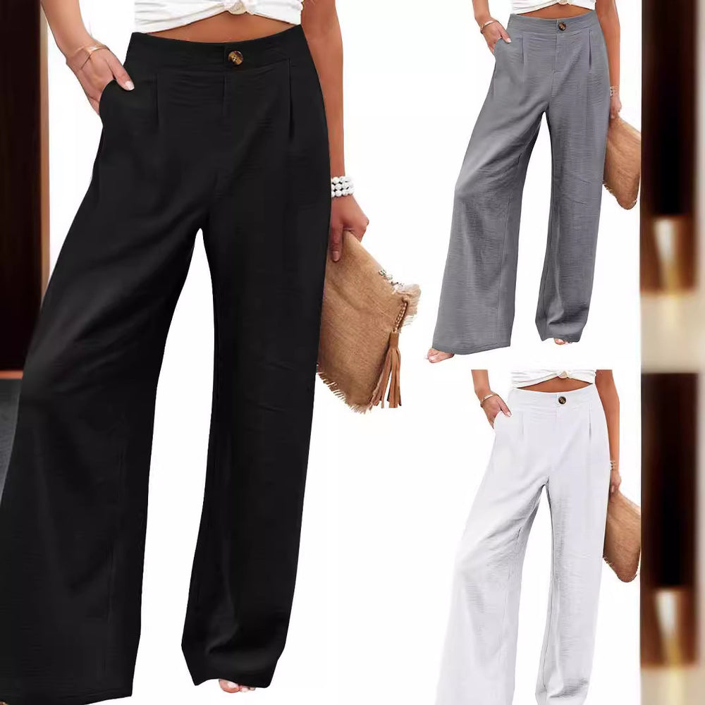 cross-border  fashion summer plaidhigh waistpants button elastic waist loose pants women's casual straight-leg pants