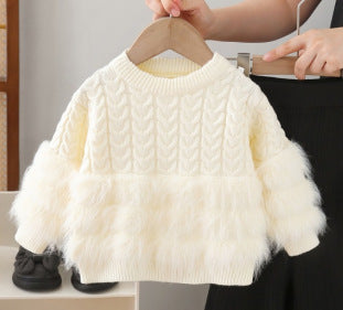 Girls' faux mink two-piece sweater set -  autumn/winter new collection - baby girl crewneck sweater and pants outfit