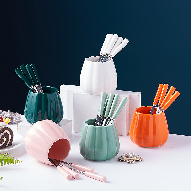 Stainless steel fruit fork set with premium ceramic storage jar, fruit picks, home watermelon forks, and stylish spoons