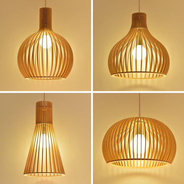Modern Chinese restaurant living room solid wood chandelier creative birdcage hotel wood chandelier single head Japanese wooden lamps