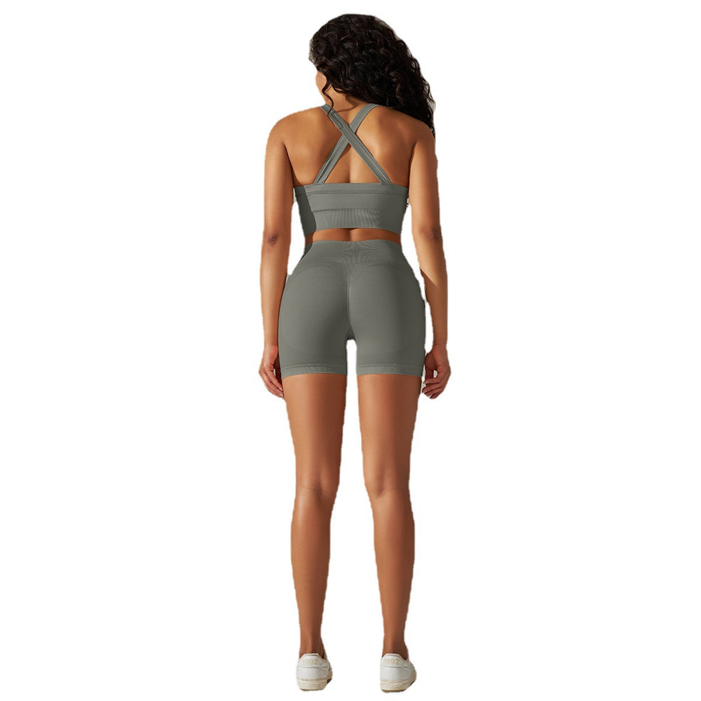 European and american cross-border seamless solid color criss-cross back sports bra yoga set running fitness shorts two-piece outfit