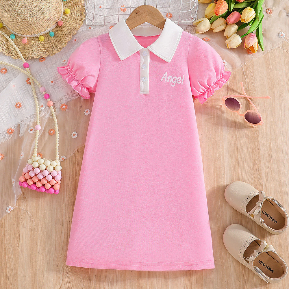 Girls' short-sleeve polo dress - pink summer style with turn-down collar, lantern sleeves, and letter print - perfect for toddlers and young children