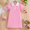 Girls' short-sleeve polo dress - pink summer style with turn-down collar, lantern sleeves, and letter print - perfect for toddlers and young children