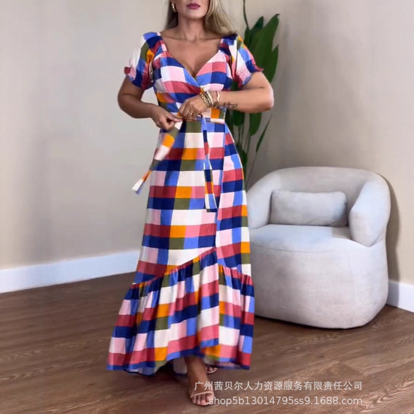 ODF4539 Women's plaid v-neck chest-wrapped strap waist ruffle splicing vacation casual dress