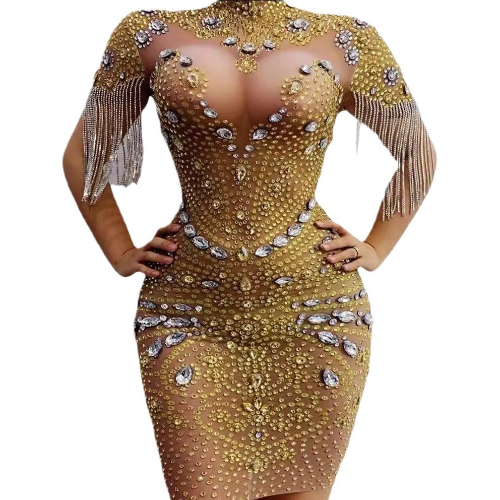 supply elastic mesh hot diamond rhinestone tassel sexy silmcustom performance costume evening dress