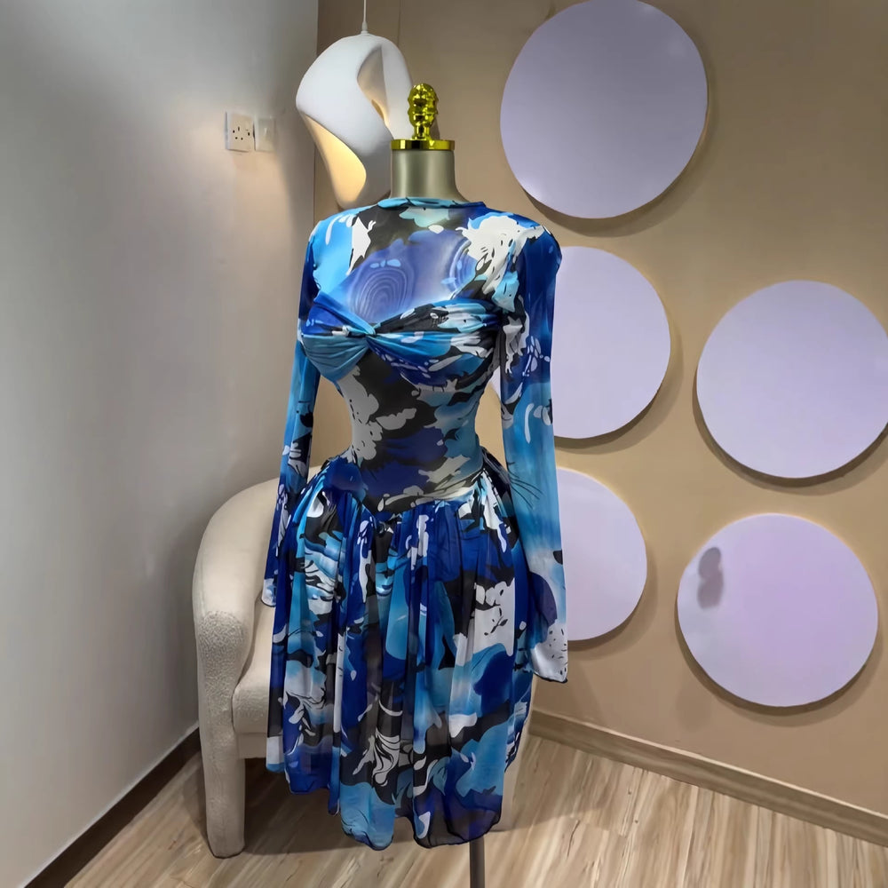European and american cross-border women's spring  new arrival: long-sleeved crew neck bandeau print cinched waist ruched mini dress
