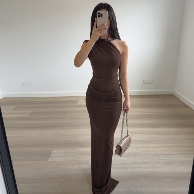 European and american women's clothing  spring new arrival: elegant solid color one-shoulder sleeveless bodycon ruched panel bodycon dress