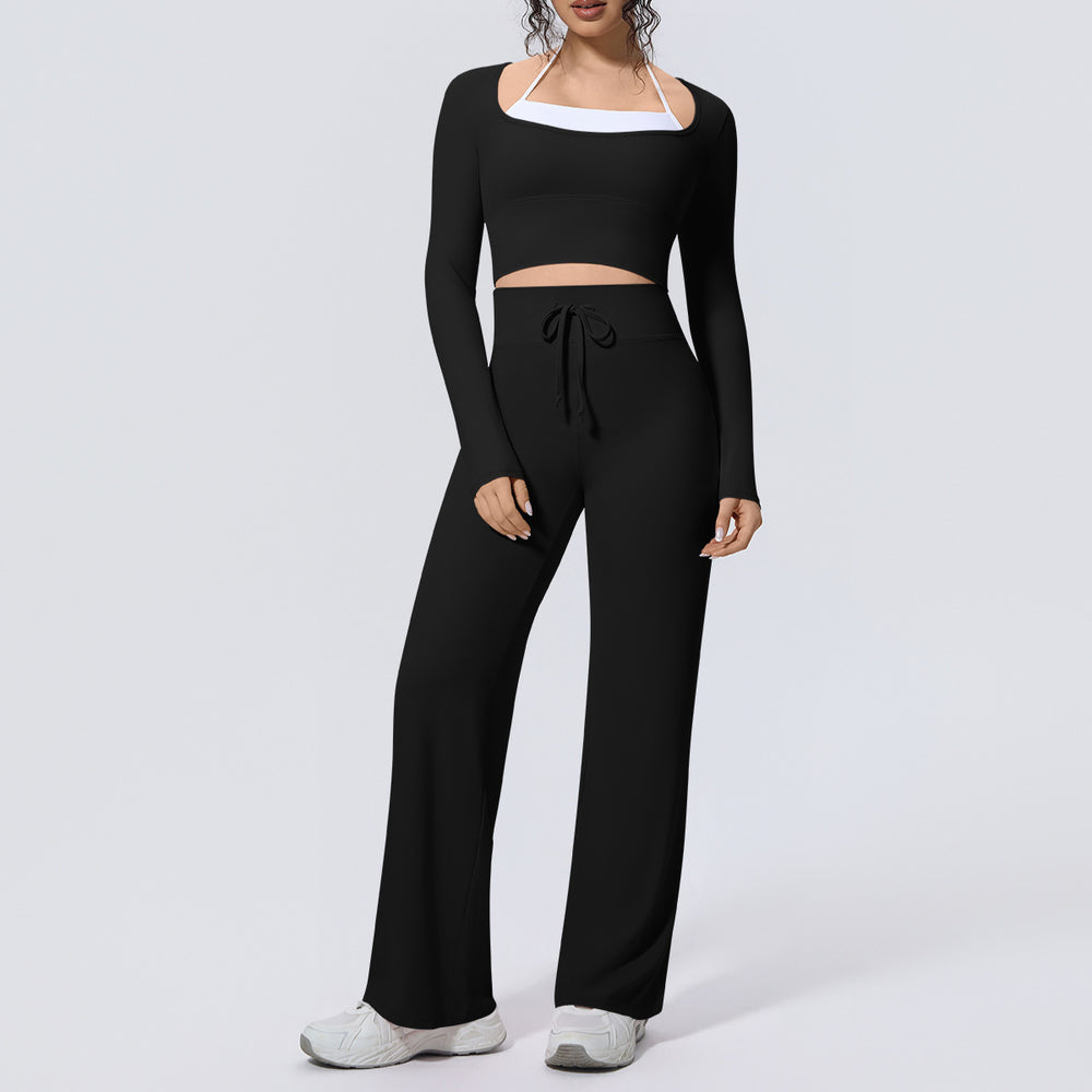 pure color double-piece nude tight high-elastic fake two-piece yoga suit sports running fitness two-piece set for women