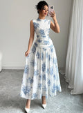 european and american cross-border new arrival: elegant round neck sleeveless maxi dress - trendy vacation style with floral print and cinched waist