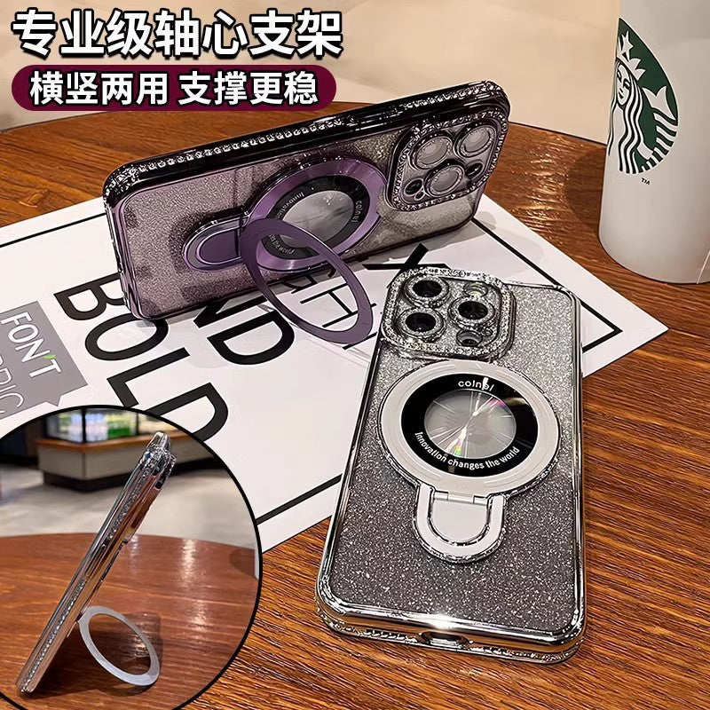 Suitable for apple 16promax electroplated glitter luxury rhinestone high-end mobile phone case iphone17 magnetic holder