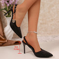 Black rhinestone high heels - 2026 summer new collection - pointed toe metallic slingback - elegant party heels