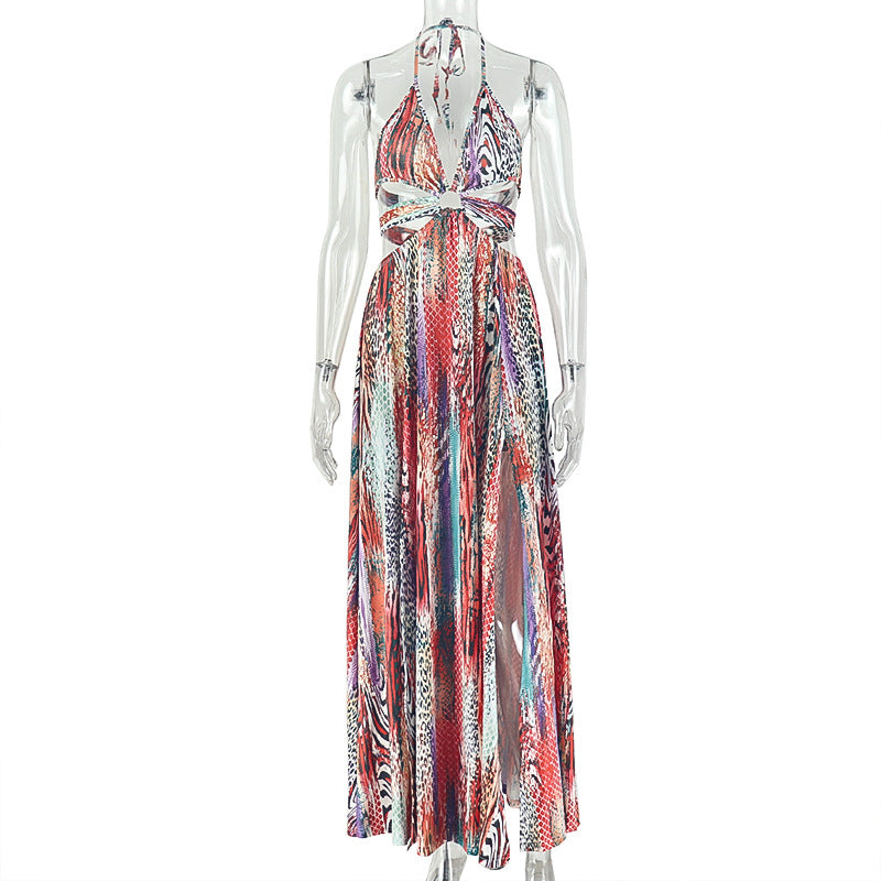 European and american style ins cross-border seaside vacation women's clothing color matching waist a-line skirt chest wrap slit halter spring and summer dress