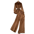 British style high-end elegant lady set: women's long-sleeved polo shirt + elastic waist wide-leg slim-fit trousers