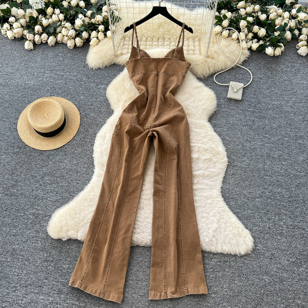 European and american style sexy hollow-out tie-up waist v-neck denim jumpsuit - women's fashion hot girl slim fit flare pants