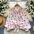 Light mature style strappy waist lantern sleeves polka dot hot diamond shirt women's autumlooseslimming lookcasual women's tops