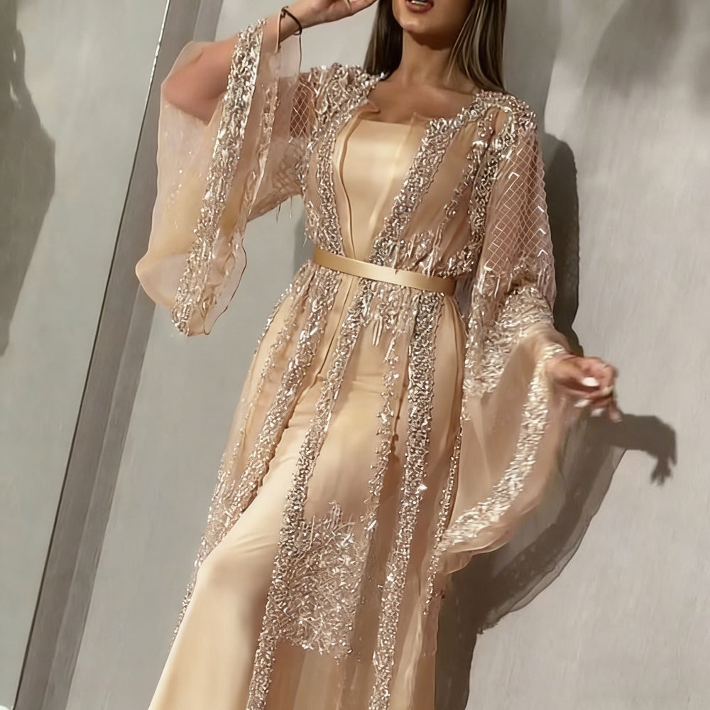 new cross-border fashion women's hot stamping flared dress sexy maxi dress shawl banquet evening gown