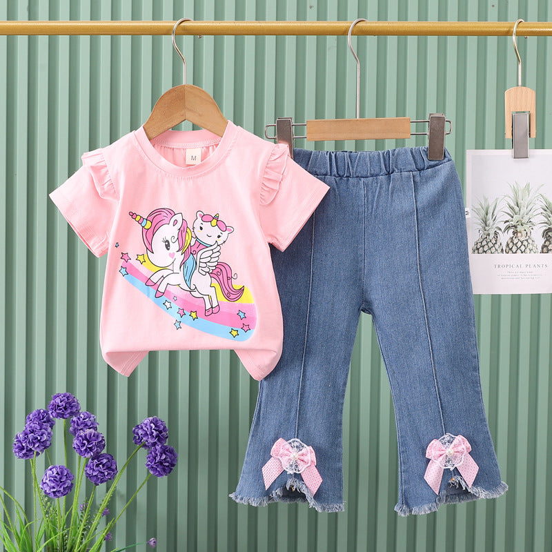 Girls' outfit  new cartoon cute animal korean style denim shorts lace short sleeve two-piece set for young children and toddlers
