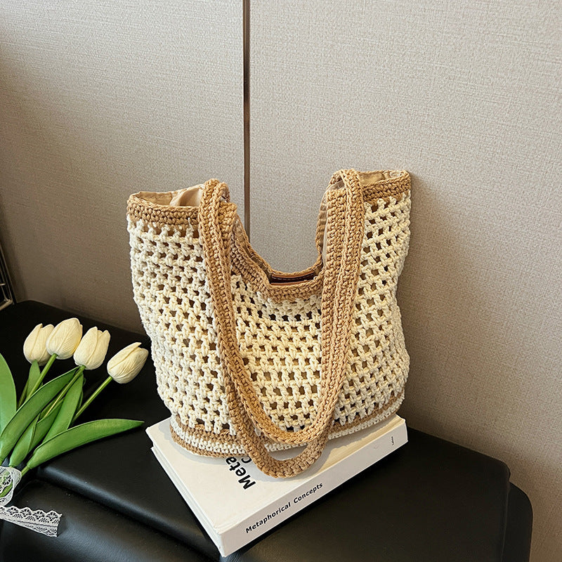 Cross-border commuting large-capacity hollow woven bag women's 2025 new versatile shoulder bag casual knitted tote bag