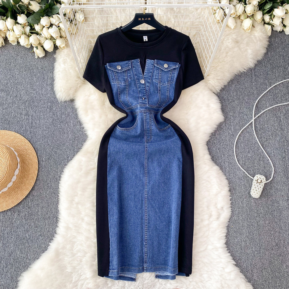new trendy round neck short sleeve patchwork denim dress - women's high-end slim fit faux two-piece maxi dress