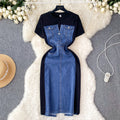 new trendy round neck short sleeve patchwork denim dress - women's high-end slim fit faux two-piece maxi dress