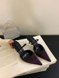 2024 winter new pointed-toe purple stiletto heel rhinestone ankle strap satin mules & slides for women