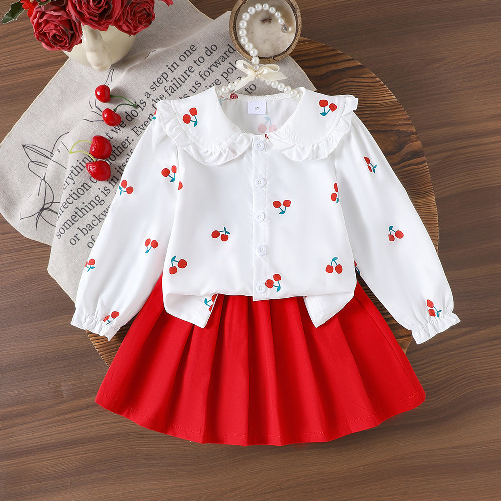 Children's clothing cross-border girl suit cherry white long sleevestops + red skirt