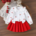 Children's clothing cross-border girl suit cherry white long sleevestops + red skirt