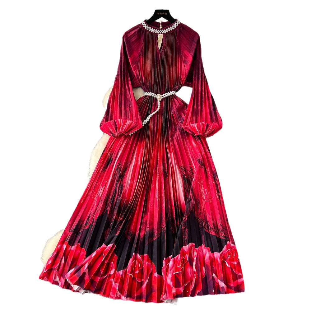 European and american style high-end round neck beaded lantern sleeve pearl belt waist-defining elegant long printed pleated dress