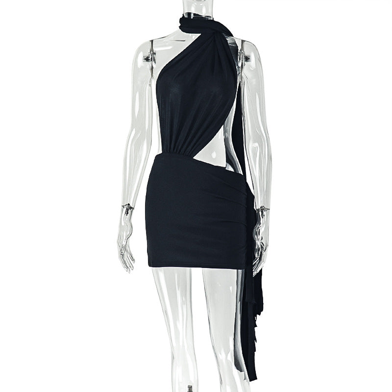 European and american style foreign trade street fashion women's patchwork backless solid color bodycon skirt tie-up ruched asymmetrical dress