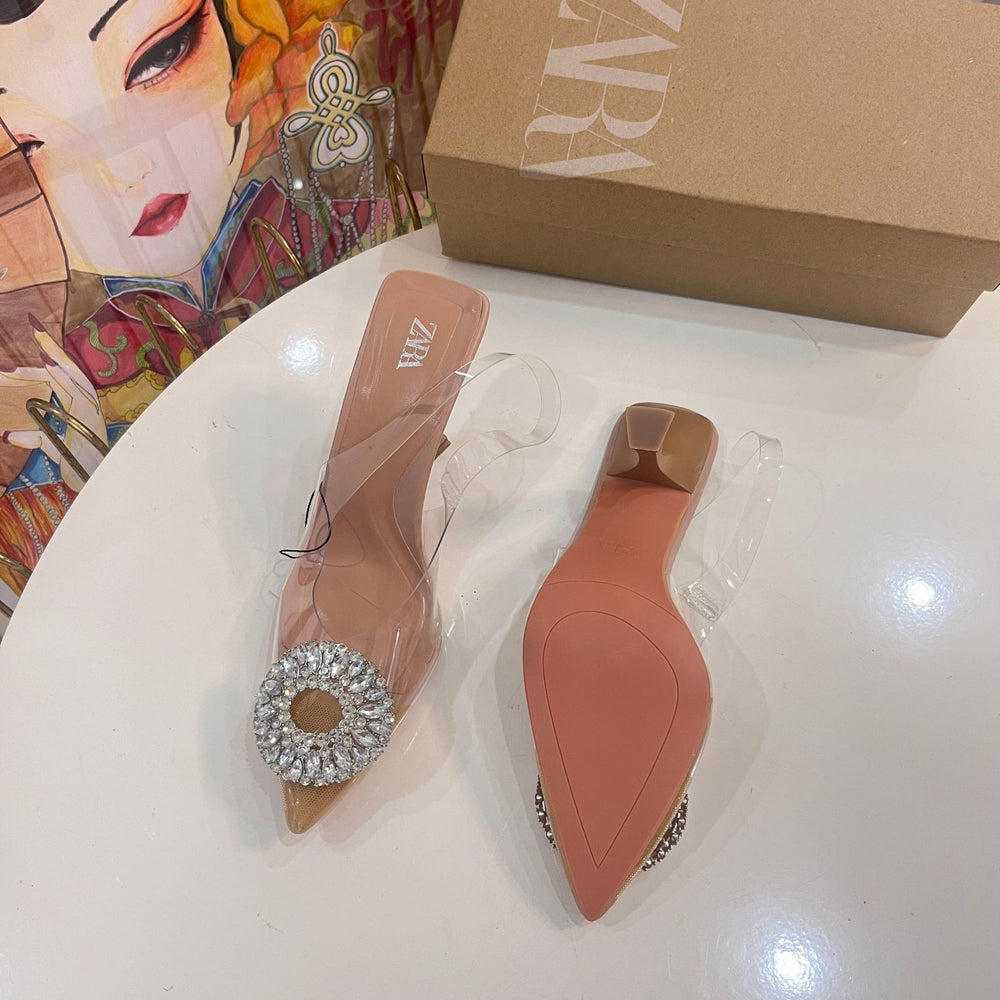 Za 2024 summer new arrivals: women's clear rhinestone elegant fairy crystal mules, high heel pointed toe sandals