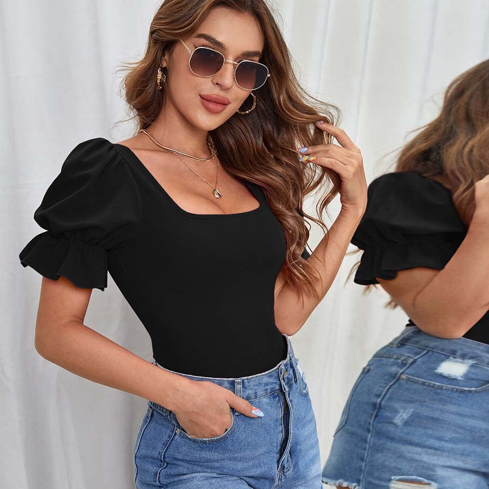 Amazon foreign trade cross-border fashion european and american style puff sleeve jumpsuit summer chic slim-fit sexy top for women