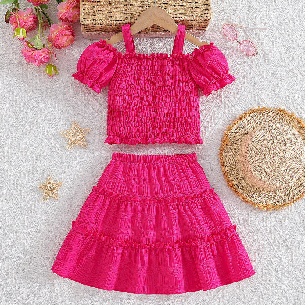 girls' outfit set: peach pink camisole top and tiered skirt - two-piece separates
